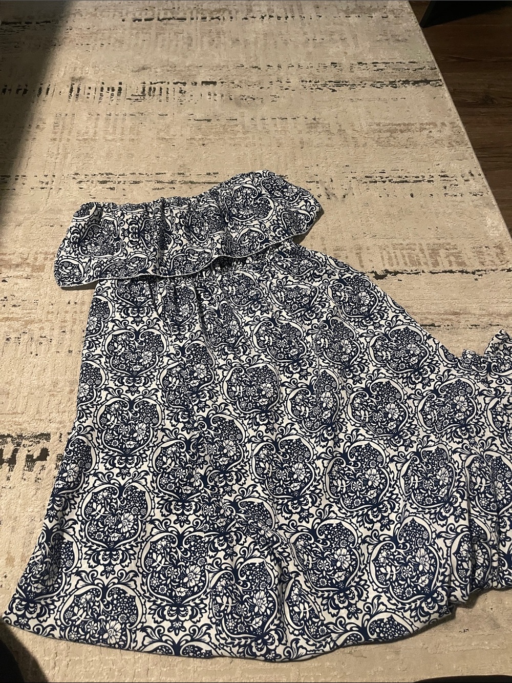 Womens Blue and White Off-Shoulder Dress
